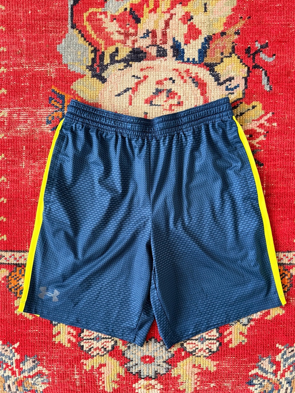 Under Armour Men’s Blue Athletic Shorts with Yellow Side Trim
